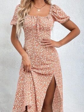 Floral Square Neck Maxi Dress - brown